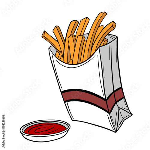 French potato fries in paper bag. Fast food delicious meal  with tomato sauce. Takeout american food snack stick in box. Outline food art