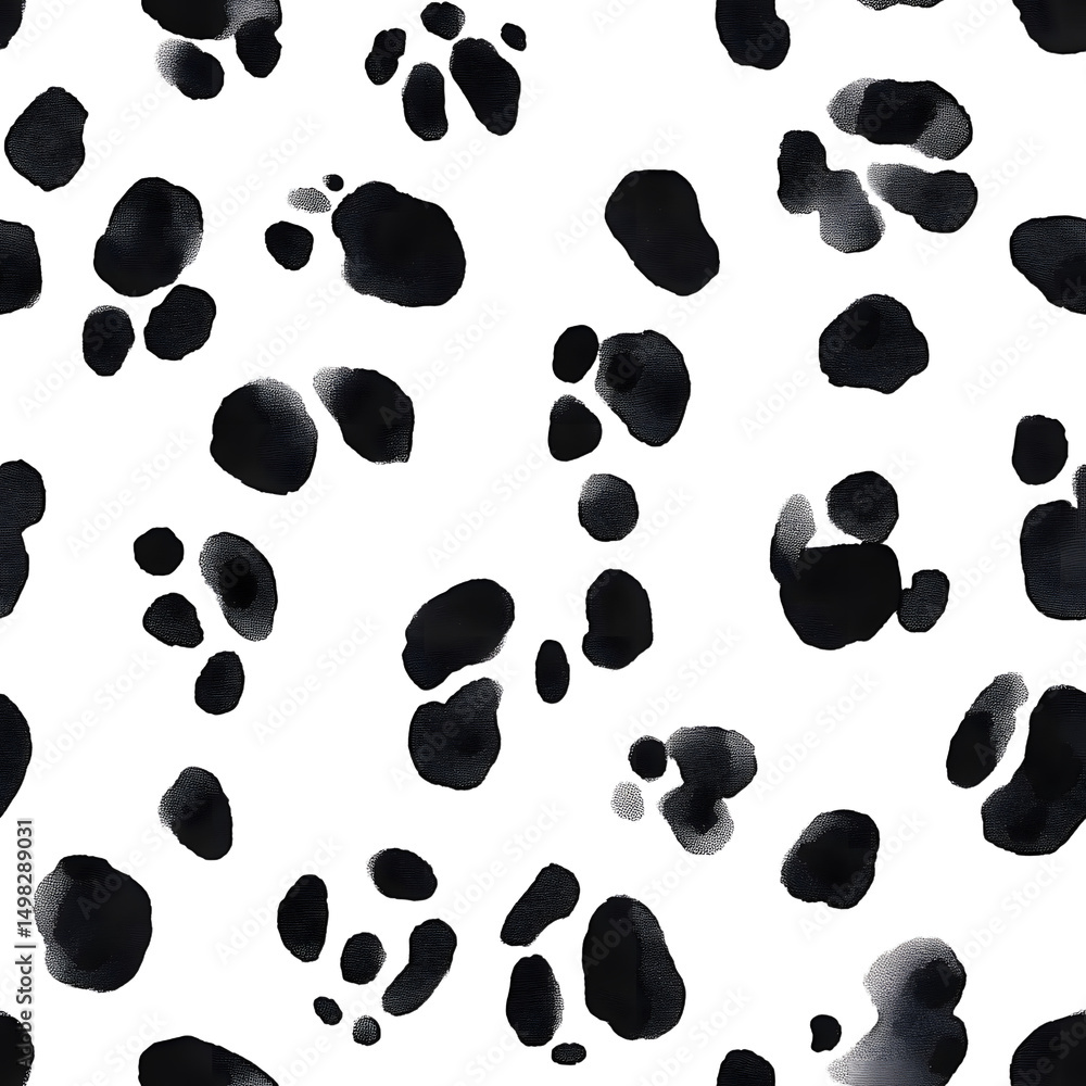 Fototapeta premium Seamless pattern of black and white Dalmatian skin with many random spots and realistic blank space around. Hand drawn watercolour sketchy painting for creative design, banner, poster, label, package.