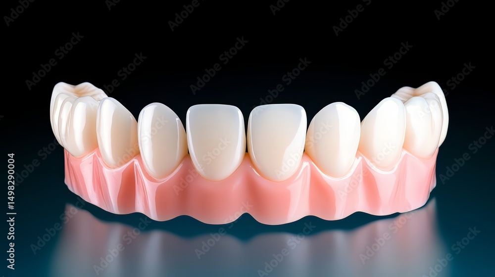 Obraz premium Close up of a fake set of teeth with a pink base. The teeth are white and appear to be fake