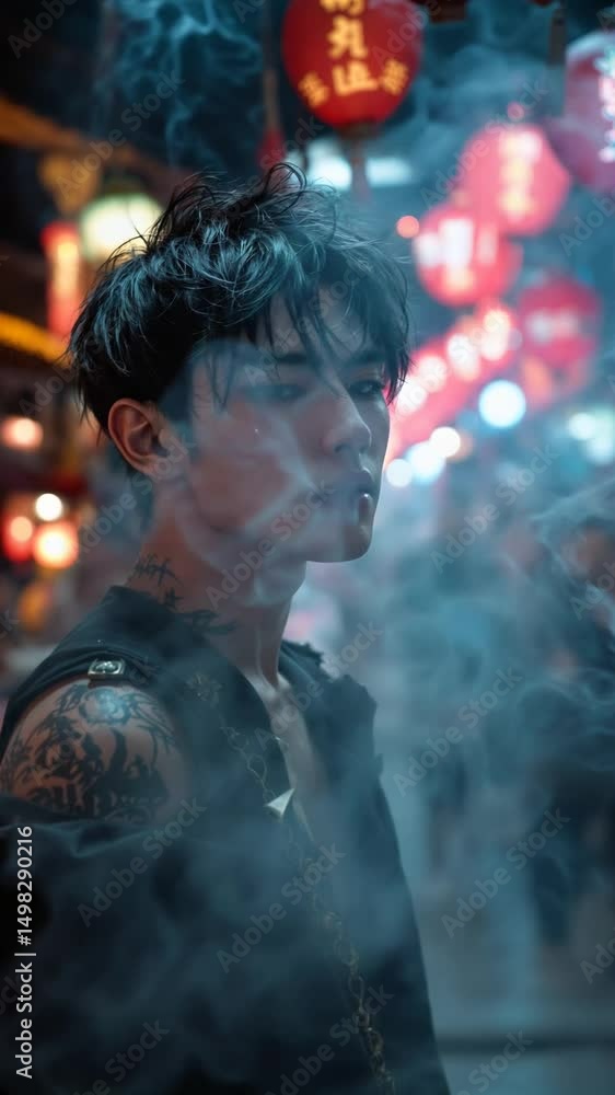 Asian man with tattoos smoking at night street market Asian man with tattoos smoking at night street market
