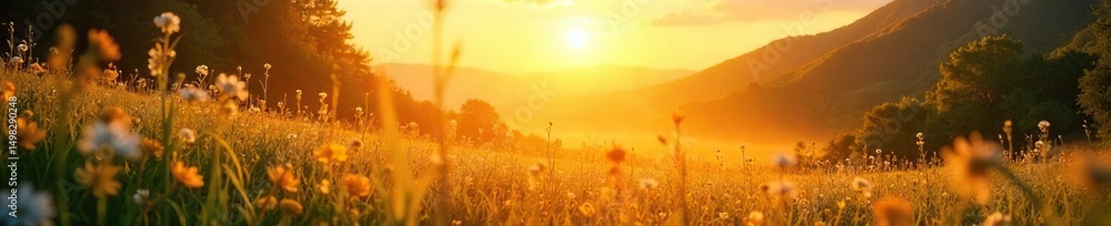 Obraz premium Golden hour sunlight bathes a landscape in a warm, ethereal glow, creating a vibrant and sunny scene Perfect for travel, nature, and inspirational projects , cheerful, beautiful, nature