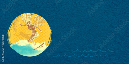 Trendy undertone pop art collage of happy positive cheerful girl floating on surfboard, tropical resort, ocean waves. Negative space for text, ads, announcements