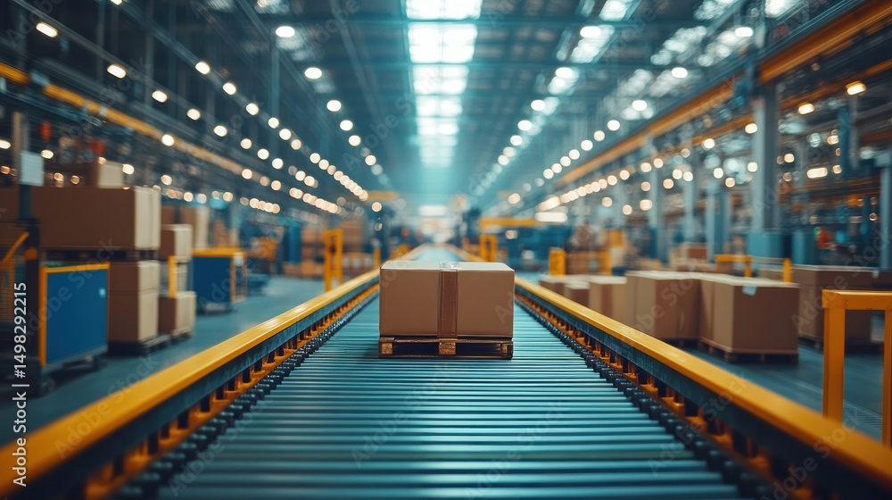 Fototapeta premium Automated factory conveyor belt transporting boxes