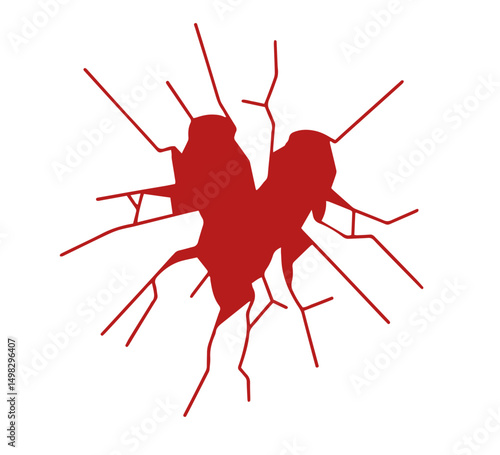 Cracked Red Heart with Splintered Lines – Emotional Pain, Heartbreak, Romantic Loss, Psychological Trauma. Depression Awareness, Broken Love, Sadness Illustration, Emotional Expression