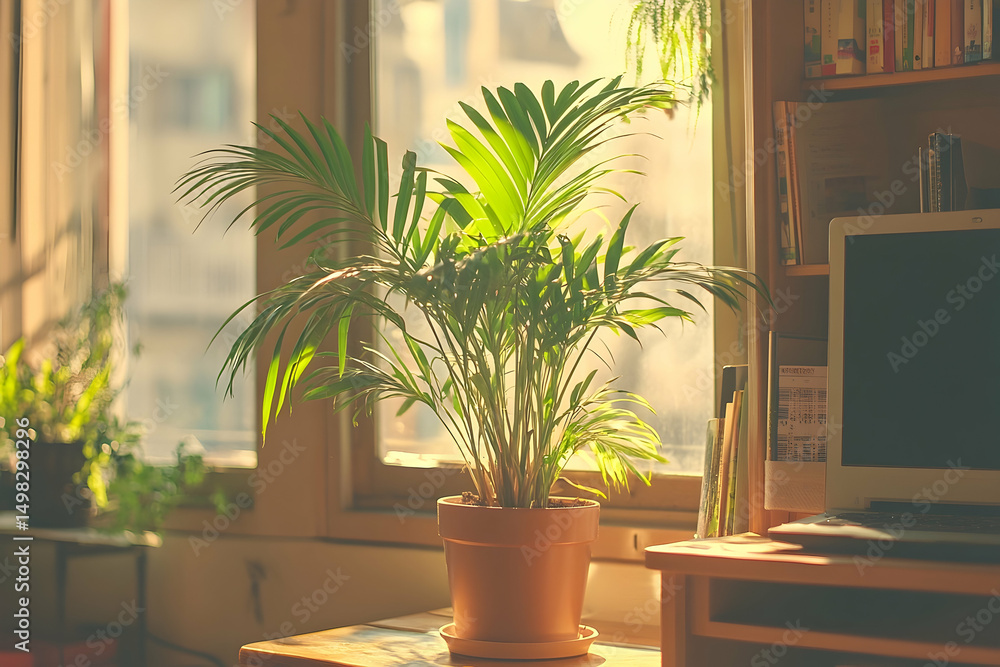 Fototapeta premium Sunlight streams through a window, illuminating a potted palm tree in a home office.