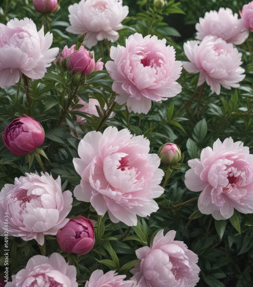 Fototapeta premium Full bloom peonies, abundant greenery, close-up view , white, image, colorful