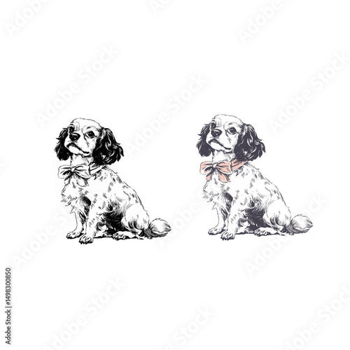 charles king spaniel dog breed sitting and dress bow in vintage sketch toile pencil style isolated on transparent background