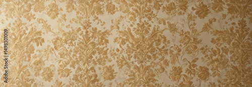 Intricate gold & cream damask floral fabric, luxurious texture, decor, scroll