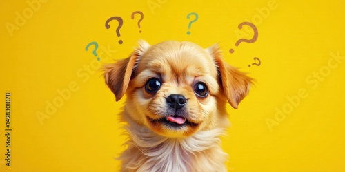 A Curious Puppy Posing Against a Vibrant Yellow Background, Question Marks Hovering Above Its Head, Evoking a Sense of Wonder and Playfulness
