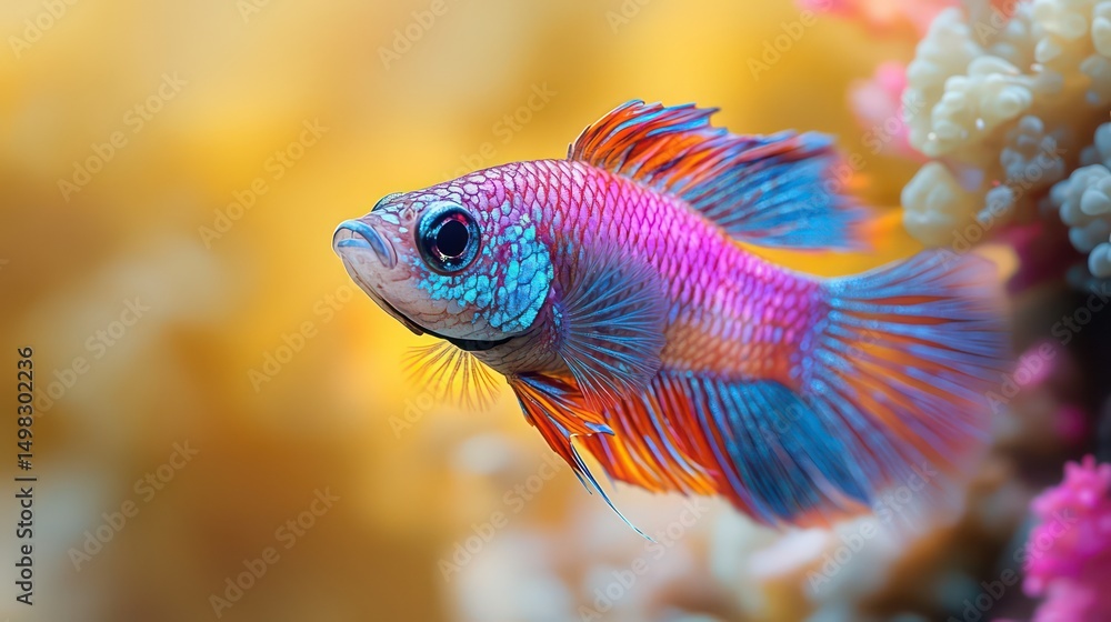 Shimmering betta fish with iridescent blue and purple fins glides peacefully on pale yellow. Shimmering betta fish with iridescent blue and purple fins glides peacefully on pale yellow.
