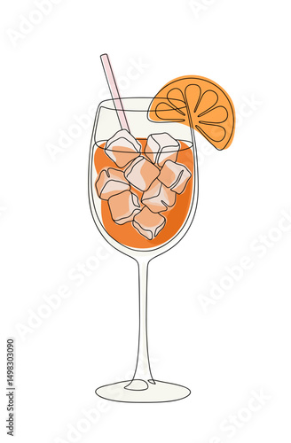 Italian bitter aperitif cocktail in a tall glass. Line art style icon. Continuous line drawing color vector illustration
