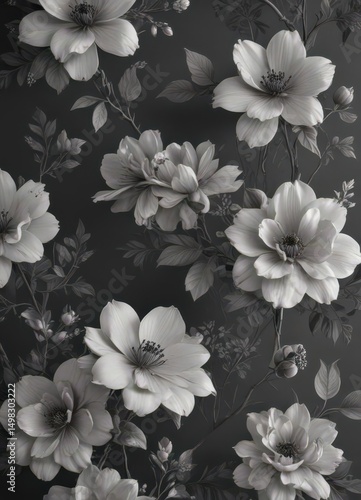 Subtle charcoal floral wallpaper, delicate blooms  , design, seamless, fabric