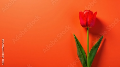 Single Vibrant Red Tulip Flower on a Bold Orange Background, a Simple and Elegant Floral Image Perfect for Springtime Designs and Festive Celebrations