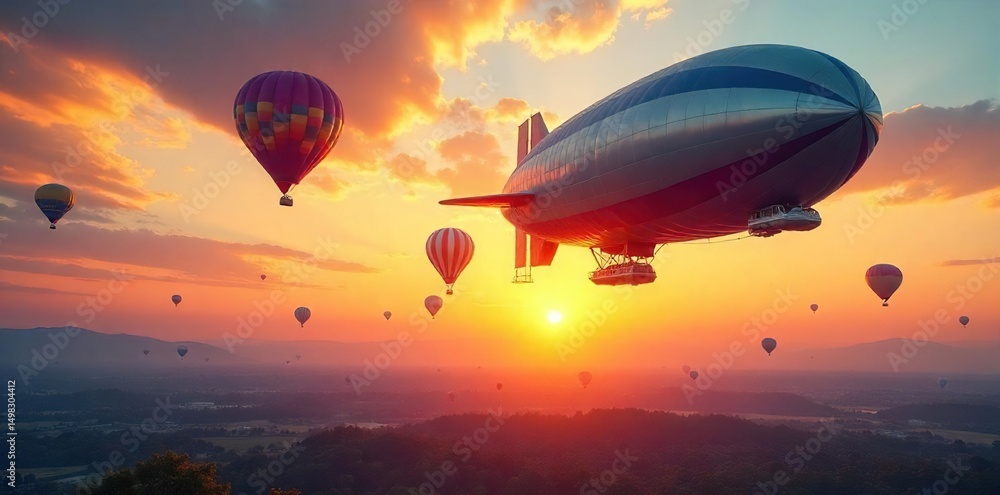 A majestic airship and vibrant hot air balloons soar gracefully against a breathtaking sunset, creating a stunning spectacle of color and size in the vast sky , vibrant, adventure, elevation A majestic airship and vibrant hot air balloons soar gracefully against a breathtaking sunset, creating a stunning spectacle of color and size in the vast sky , vibrant, adventure, elevation