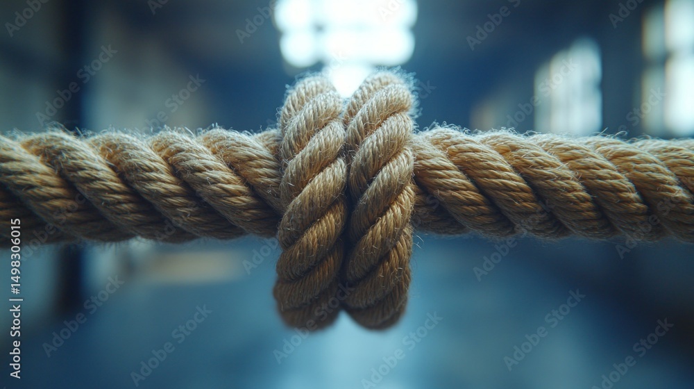 Close-up of a strong, tightly tied knot in a thick rope Close-up of a strong, tightly tied knot in a thick rope