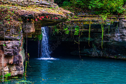 Εκτύπωση καμβά The flowing water appears to flow from the flowery stone shelf above as it makes its way to the pond below