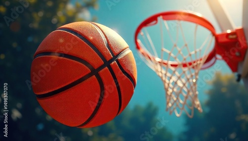 Wallpaper Mural Close-up shot of a basketball soaring through the air towards the hoop, sunlight gleaming off its orange surface ,  hoop,  court,  precision Torontodigital.ca