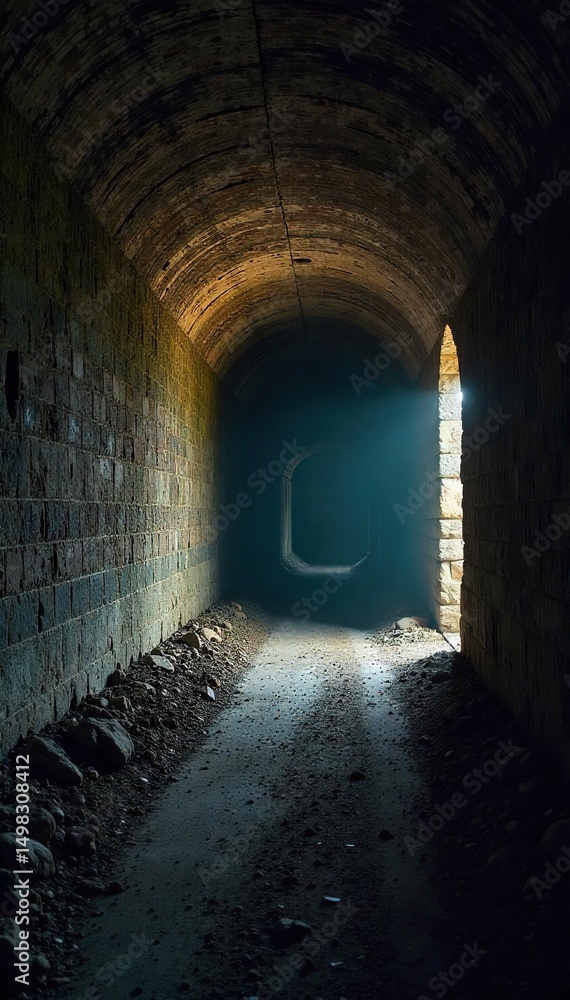 Fototapeta premium A dark, arched carriage tunnel, damp with age, shows signs of wear and time; light streams in from the distant opening, revealing texture and depth , heritage, architecture, road