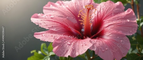 Fully opened pink hibiscus, dew drops on petals, sunlight,  summer,  close-up,  flora