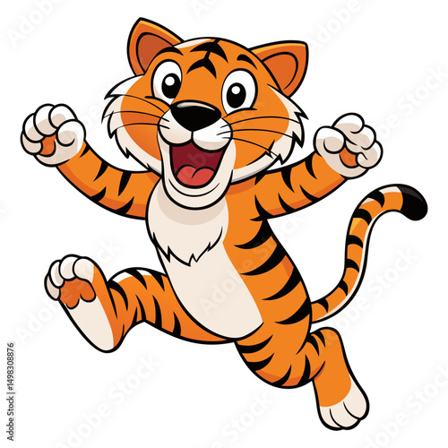 Cute cartoon tiger jumping isolated on white background. Vector illustration.