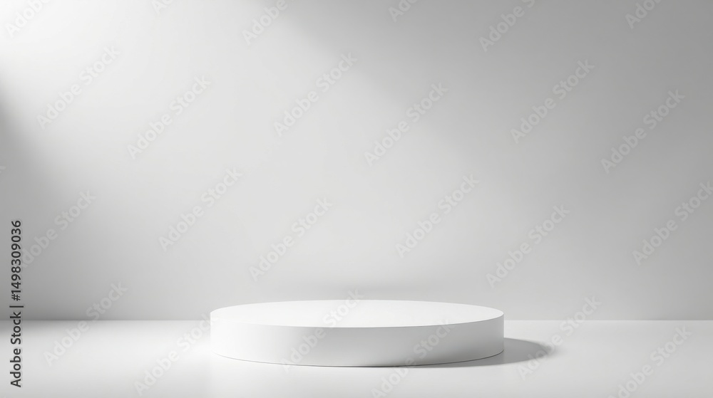 A minimalist white cylindrical platform, subtly illuminated by a single light source against a clean, neutral backdrop A minimalist white cylindrical platform, subtly illuminated by a single light source against a clean, neutral backdrop