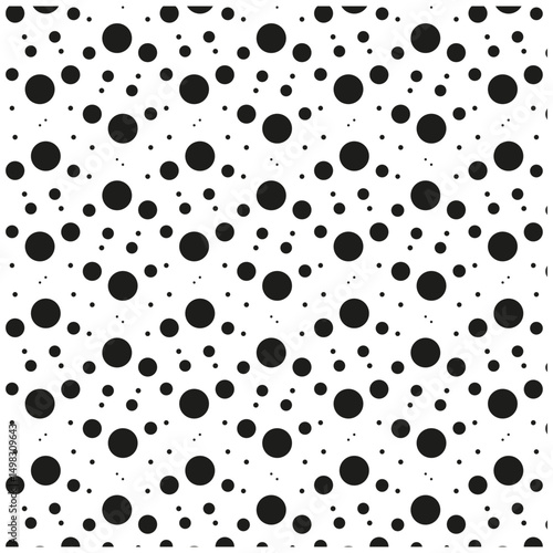 Bold black dots. Seamless circular spots. Repeating polka motif. High contrast design.