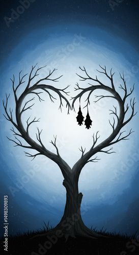 Stylized Heart Shaped Tree with Hanging Bats and Blue Moon - Mystical Love Art