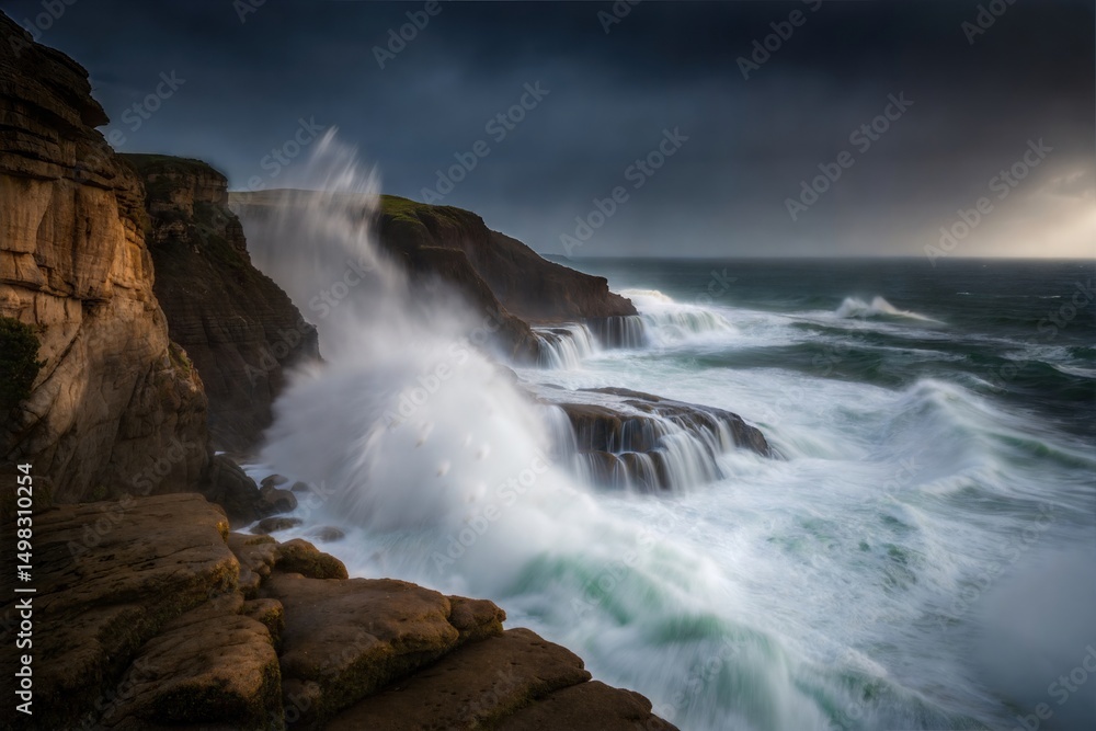 Fototapeta premium Ocean waves crashing against rocky cliffs during stormy weather