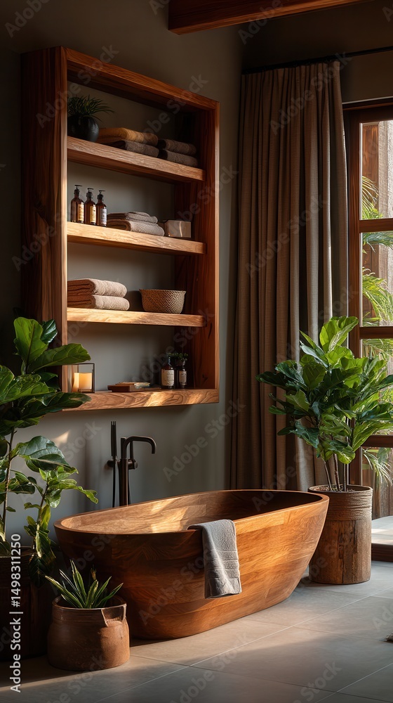 Fototapeta premium Serene luxury bathroom with wooden freestanding bathtub, built-in wooden shelving, and lush green plants creating spa-like atmosphere in natural earth-toned interior with gray walls and brown curtains