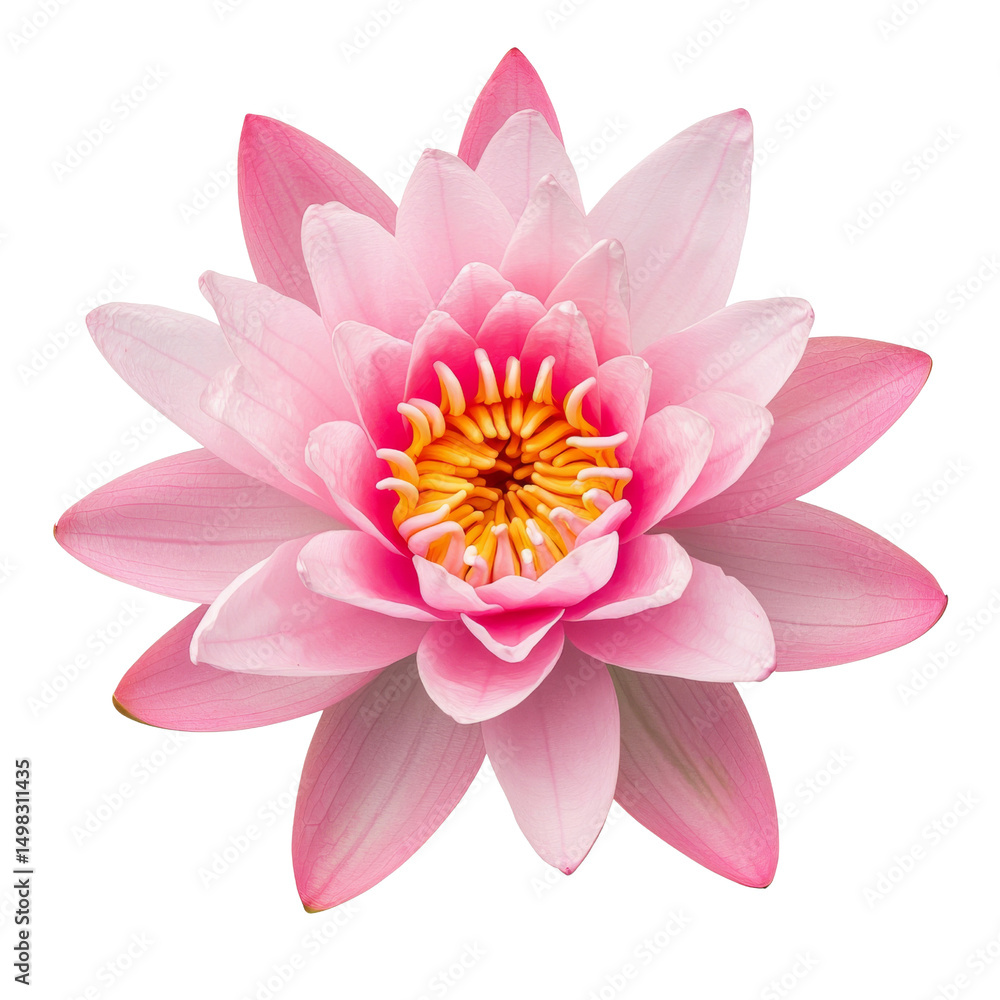 Beautiful pink water lily with delicate petals and vibrant yellow center, symbolizing tranquility and grace Beautiful pink water lily with delicate petals and vibrant yellow center, symbolizing tranquility and grace