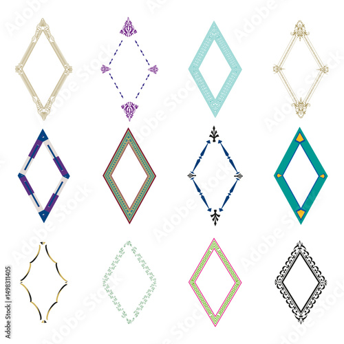 Diamond frames set. Multicolor ornate borders. Purple swirl pattern. Vector decorative collection.