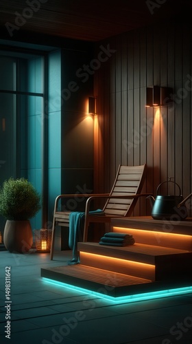 Atmospheric modern spa relaxation area with wooden lounge chair, illuminated steps with turquoise LED lighting, wall sconces, potted plant, and towels in luxury wellness center