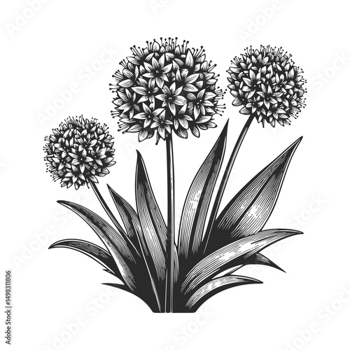 Detailed botanical illustration of allium flowers in black and white.