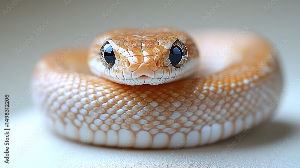 Fototapeta premium A snake coils gently on smooth surface, soft light, pastel beige background, elegant form.