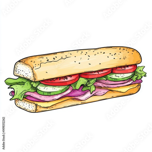 Delicious sub sandwich illustration isolated on white background