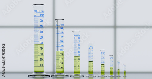 Canvas Print Family of laboratory graduated measuring cylinders containing clear yellow liquid - Borosilicate heat resistant glass