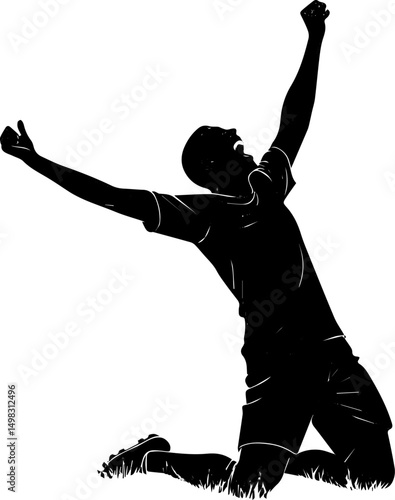 Silhouette of a Soccer Player Celebrating a Goal on Knees with Raised Arms, Vector Illustration