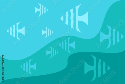 Colorful fish swimming in abstract underwater scene with various shades of blue and gentle waves