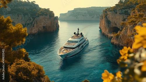 Luxurious yacht navigating a picturesque, rocky cove.  Coastal scenery, pristine waters