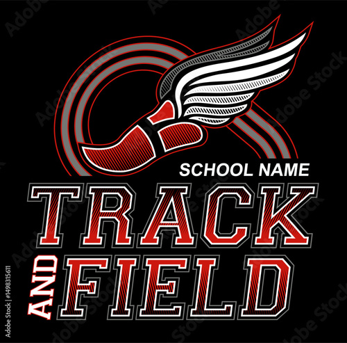 track and field team design with winged foot for school, college or league sports