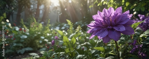 Intricate purple flower, lush leaves, sunlight , garden, texture