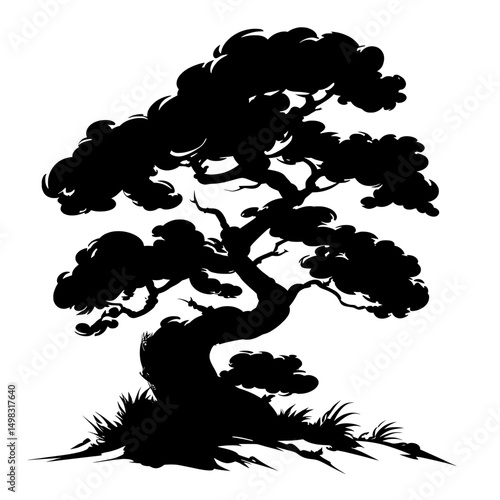 Black bonsai tree silhouette icon with detailed branching representing traditional miniature Japanese tree art