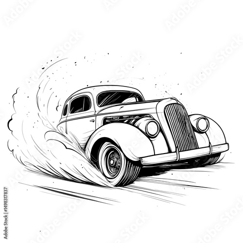 Classic retro car drifting in black sketch style with smoke trail representing motion and speed concept