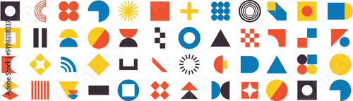 Bauhaus elements. Modern geometric abstract shapes in minimal style. Brutalism basic forms, lines, eye, circles and patterns, art vector set. Colorful figures and dots simple design, white background