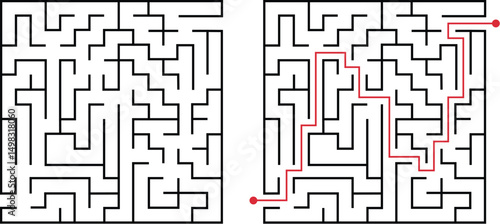 Labyrinth game way. Square maze, simple logic game with labyrinths way. How to find out quiz, finding exit path rebus or logic labyrinth challenge isolated vector illustration on white background