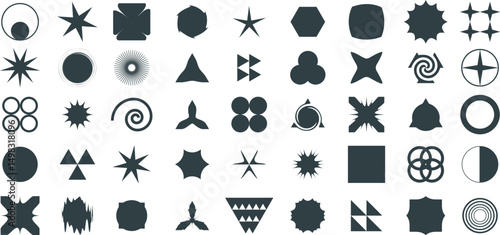 Modern geometric shapes. Minimalist abstract figures, brutalist 3D basic shapes and lines, minimal modern simple forms. Vector collection. Bauhaus and y2k poster style trendy primitive figures.
