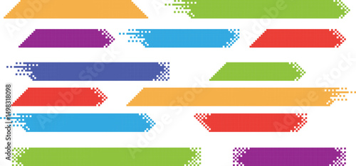 Pixel banner. Header, footer color layout with mosaic edges. Horizontal title tags with pixels. Labels pixelated decoration advertising vector elements. Rectangular dotted shapes isolated set on white