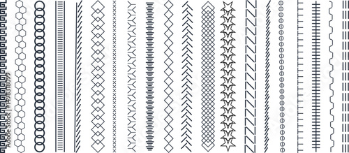 Vertical seamless stitches. Black embroidery zigzag, line and fringe border stitch patterns for textile design, sewing elements. Vector isolated set. Sewing machine endless seam, stitching dividers.