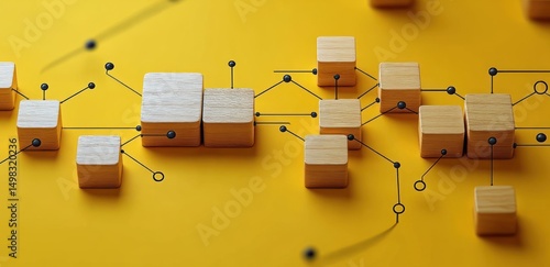 Connected wooden blocks on a yellow background illustrating network or system connections with small black pins and lines linking them
