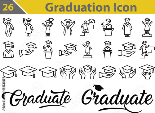 26 Graduation icon set, graduation day, student's achievement, student's day.